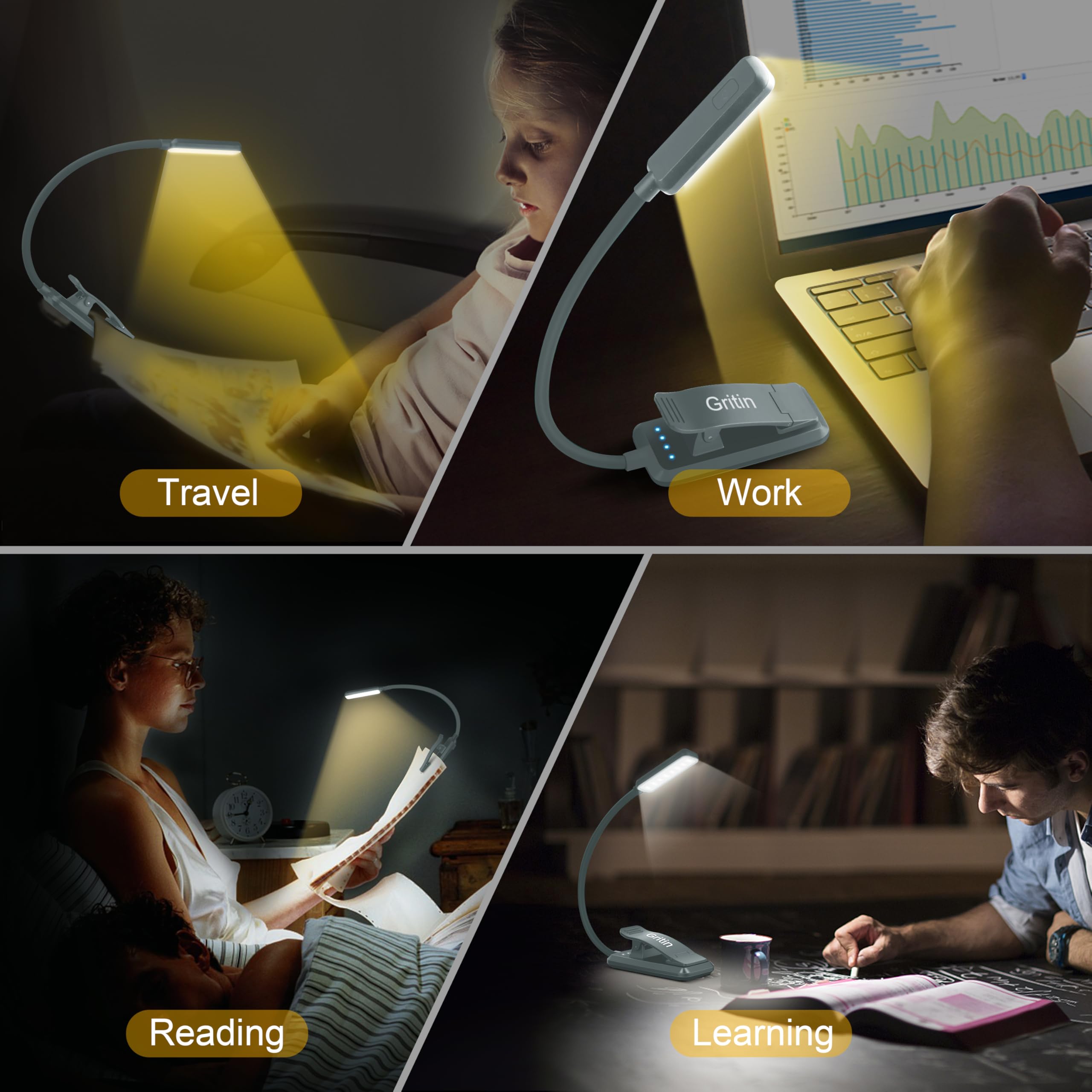 Gritin portable reading light stands independently for bed or travel