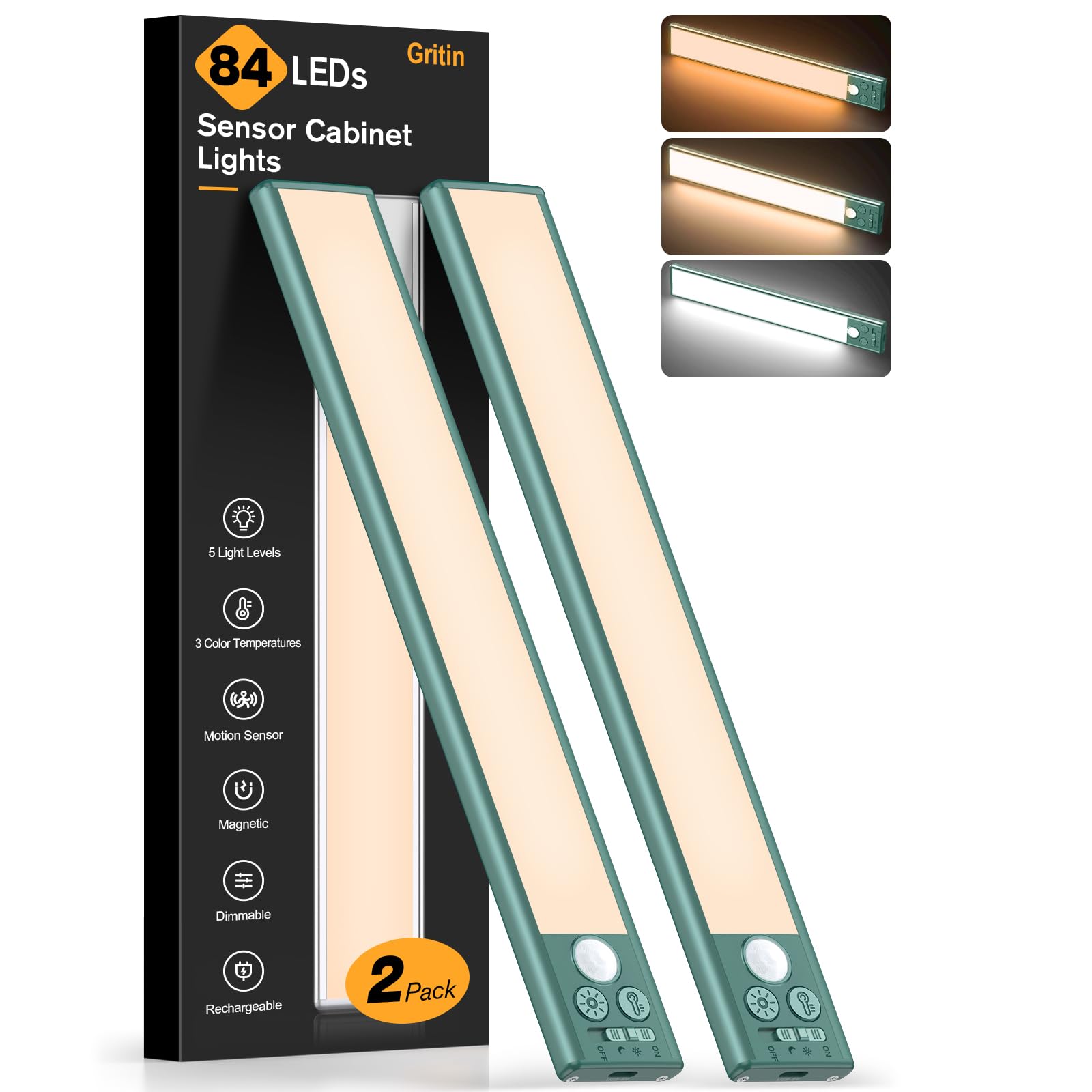 Gritin under-cabinet light with magnetic attachment for quick placement on metal surfaces.