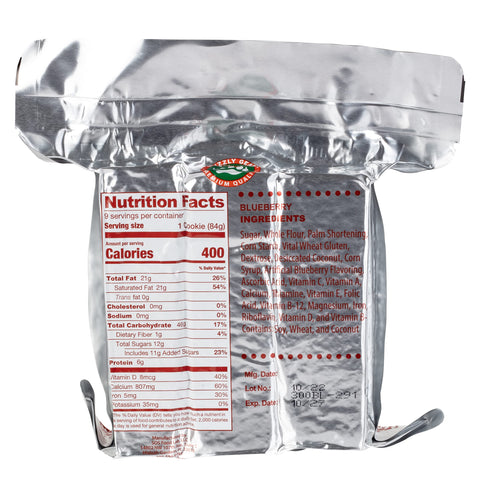 Close-up of Grizzly Gear blueberry bar showing flavor and durable Mylar packaging.