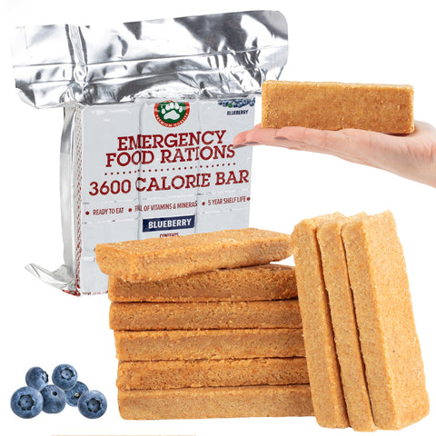 Grizzly Gear emergency blueberry bar in packaging designed for disaster readiness.