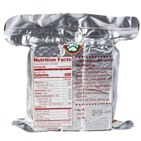 Grizzly Gear vanilla poundcake bar close-up, pre-measured 400-calorie portions for quick, reliable meals.