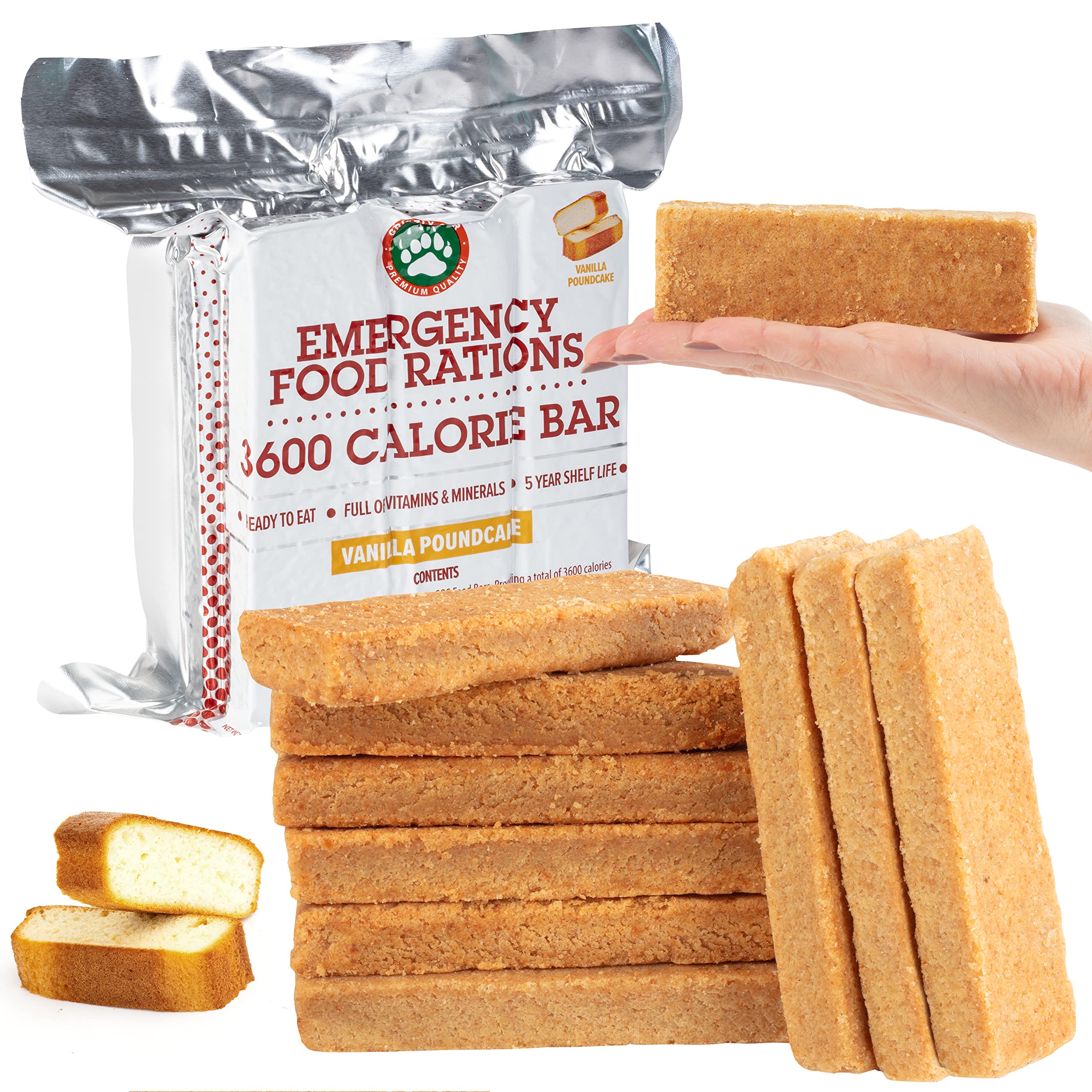 Grizzly Gear emergency food rations packaging shows long shelf life for disaster readiness.