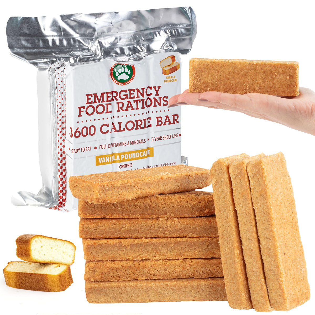 Grizzly Gear emergency food rations packaging shows long shelf life for disaster readiness.