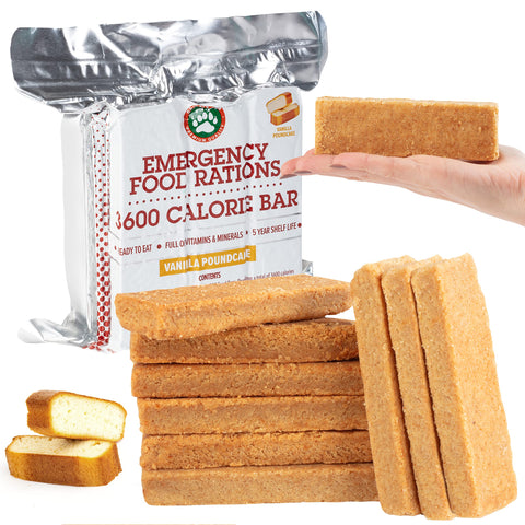 Grizzly Gear emergency food rations packaging shows long shelf life for disaster readiness.