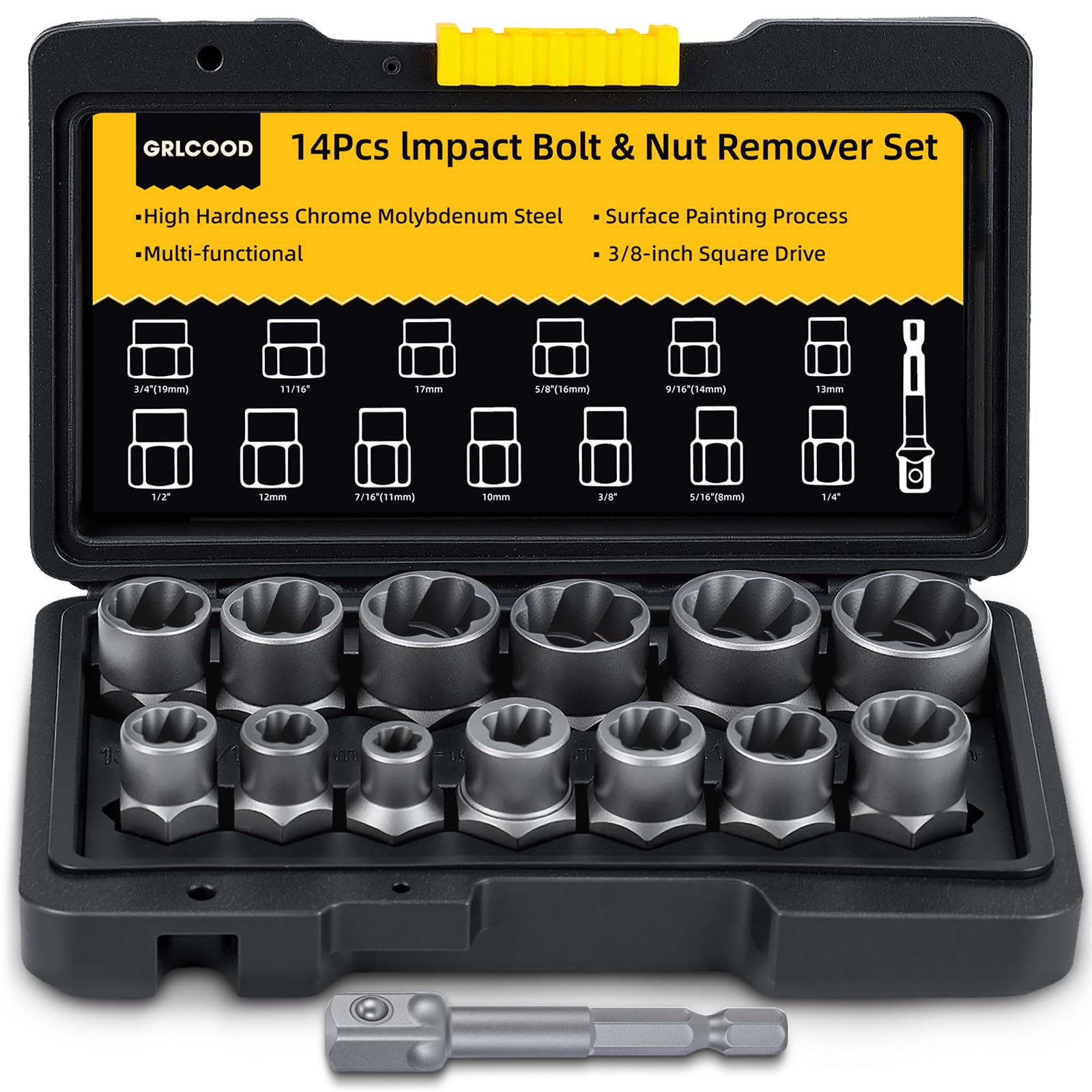 GRLCOOD bolt extractor kit in a sturdy case enables organized, quick bolt removal.