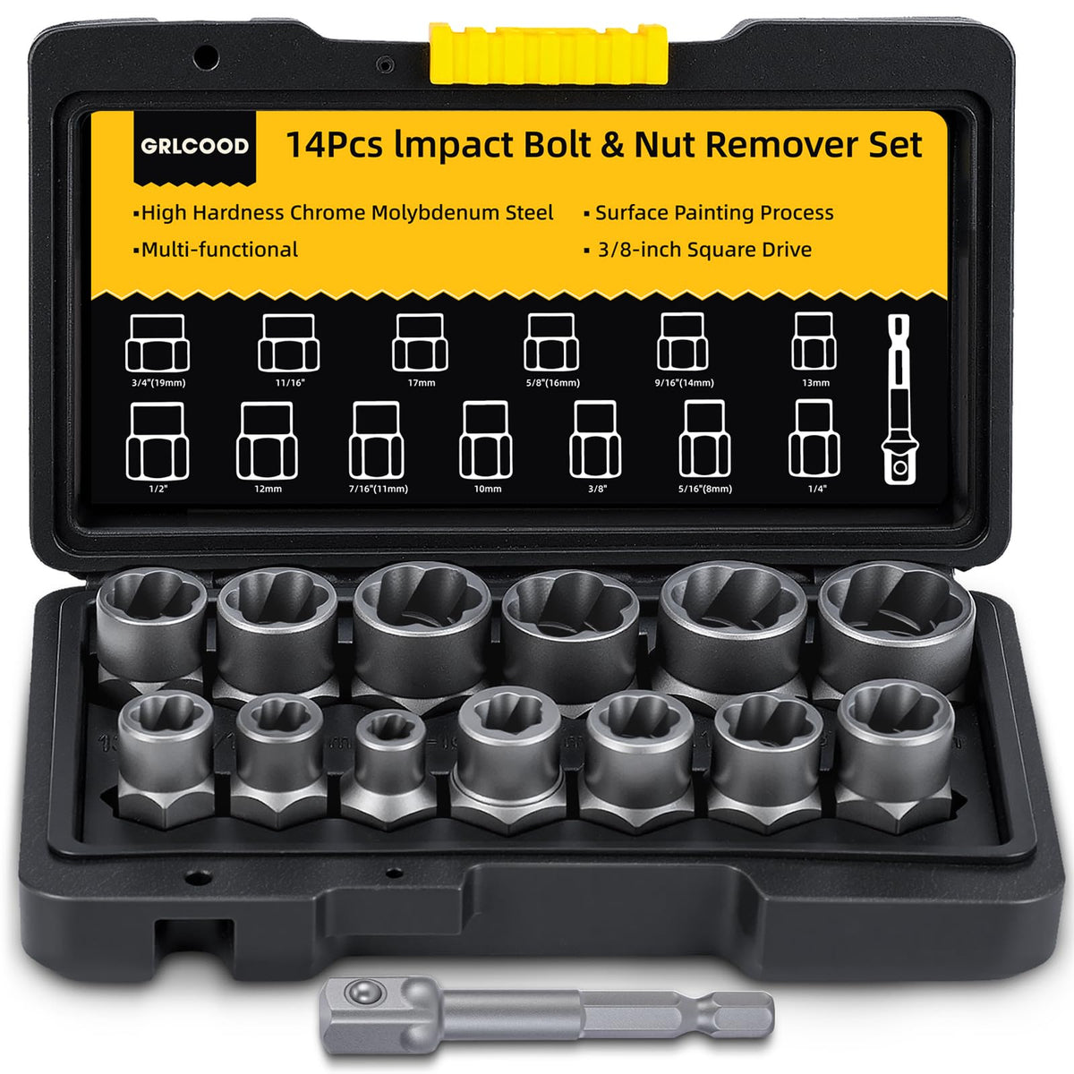 GRLCOOD bolt extractor kit in a sturdy case enables organized, quick bolt removal.