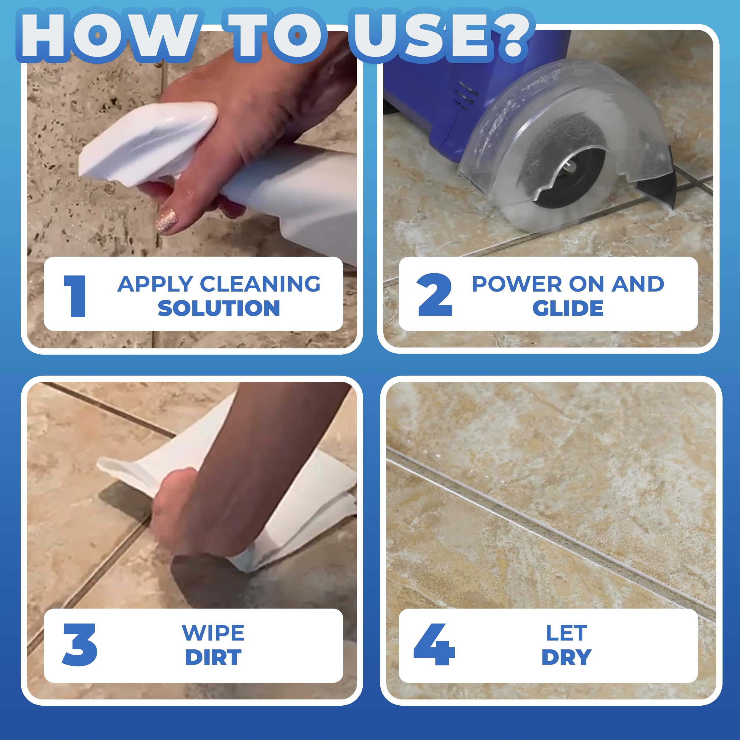 Grout Groovy ergonomic handle provides comfortable upright operation.