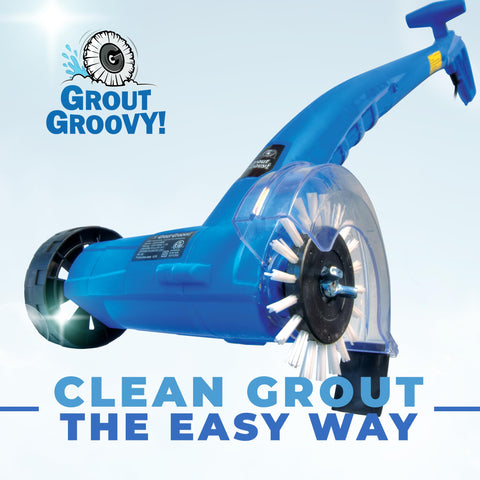 Grout Groovy stand-up tool facilitates easy upright cleaning without kneeling.
