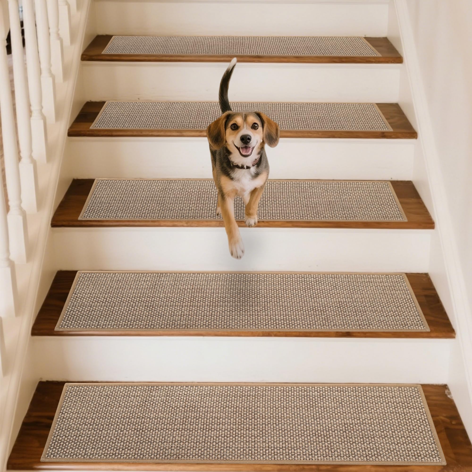 GROWLING linen stair treads beige with non-slip grip for safe footing on wooden stairs