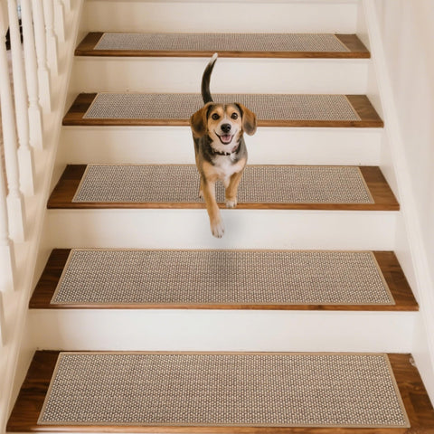 GROWLING linen stair treads beige with non-slip grip for safe footing on wooden stairs