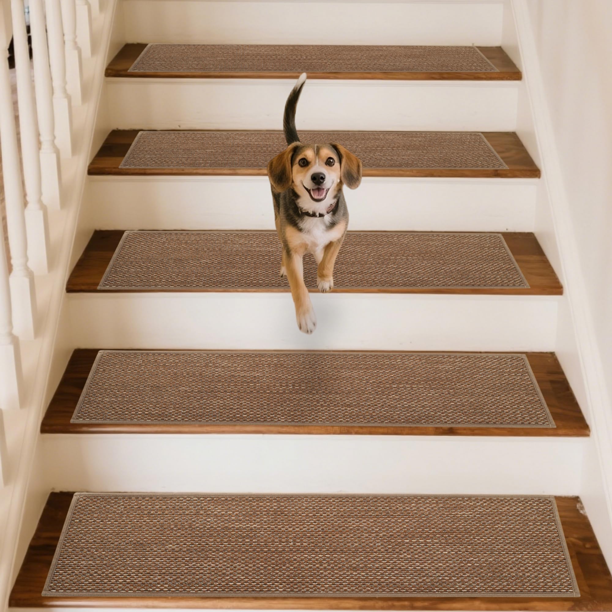GROWLING linen stair treads in brown on packaging showing anti-slip backing for safety.