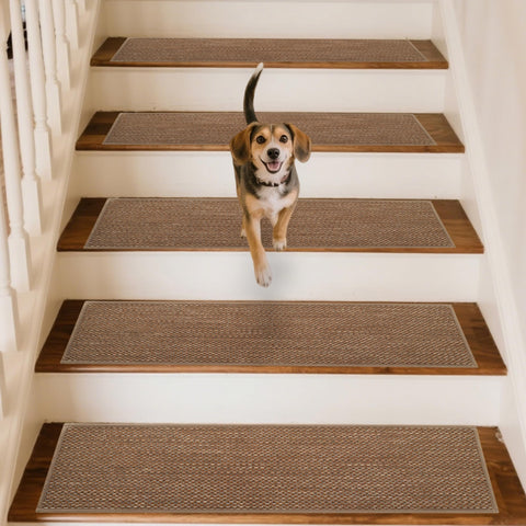GROWLING linen stair treads in brown on packaging showing anti-slip backing for safety.