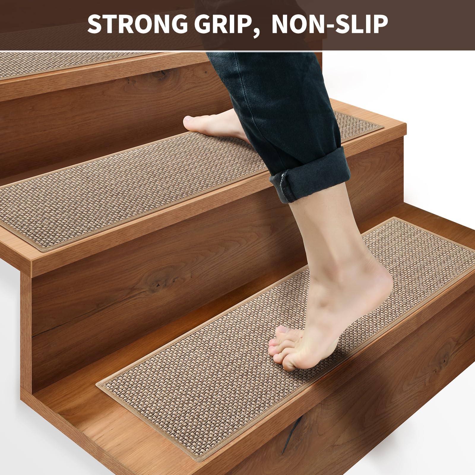 GROWLING linen-texture stair treads offer non-slip grip on wood.