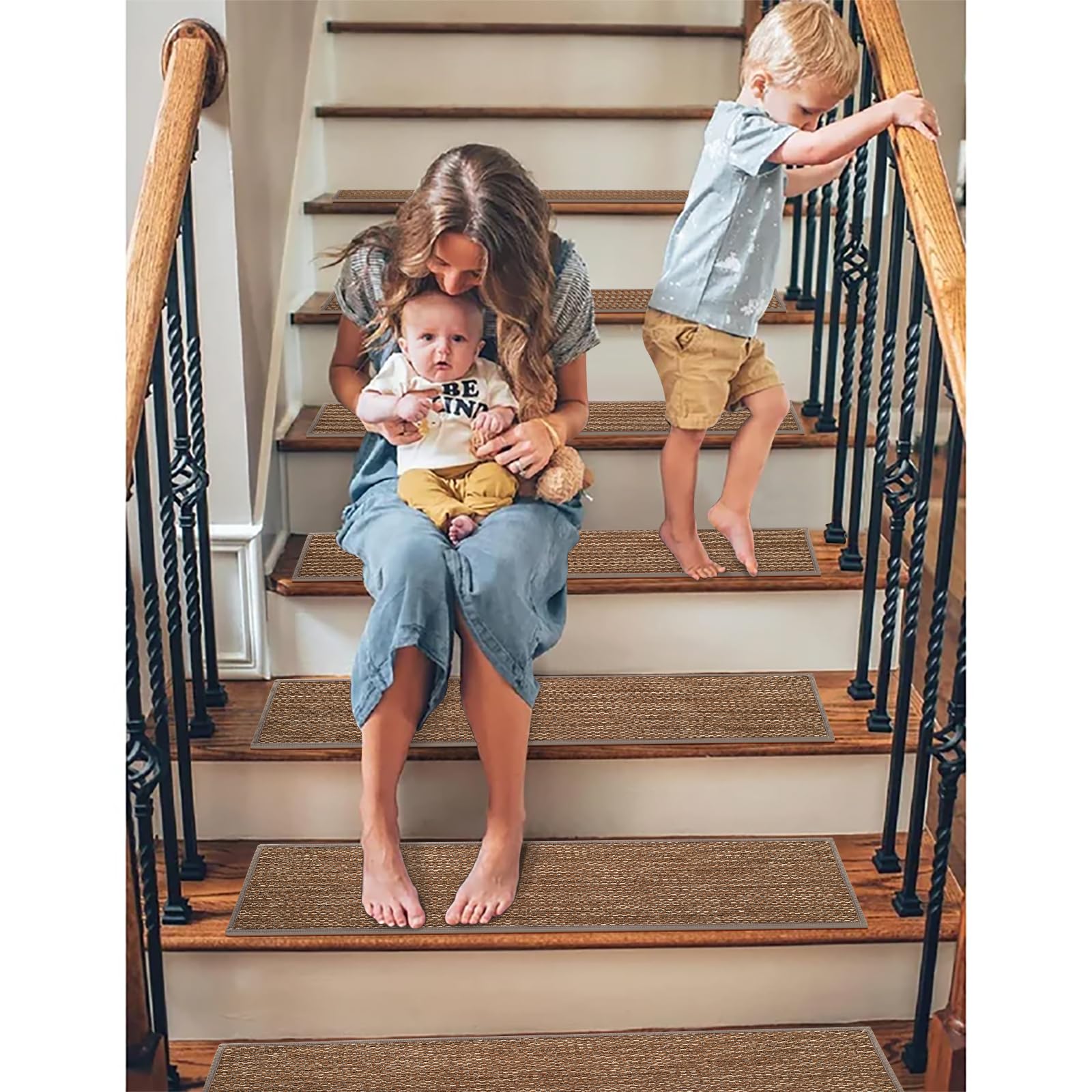 GROWLING stair treads in use on wooden stairs offering family-friendly safety.