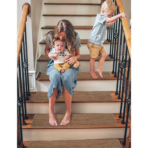 GROWLING stair treads in use on wooden stairs offering family-friendly safety.