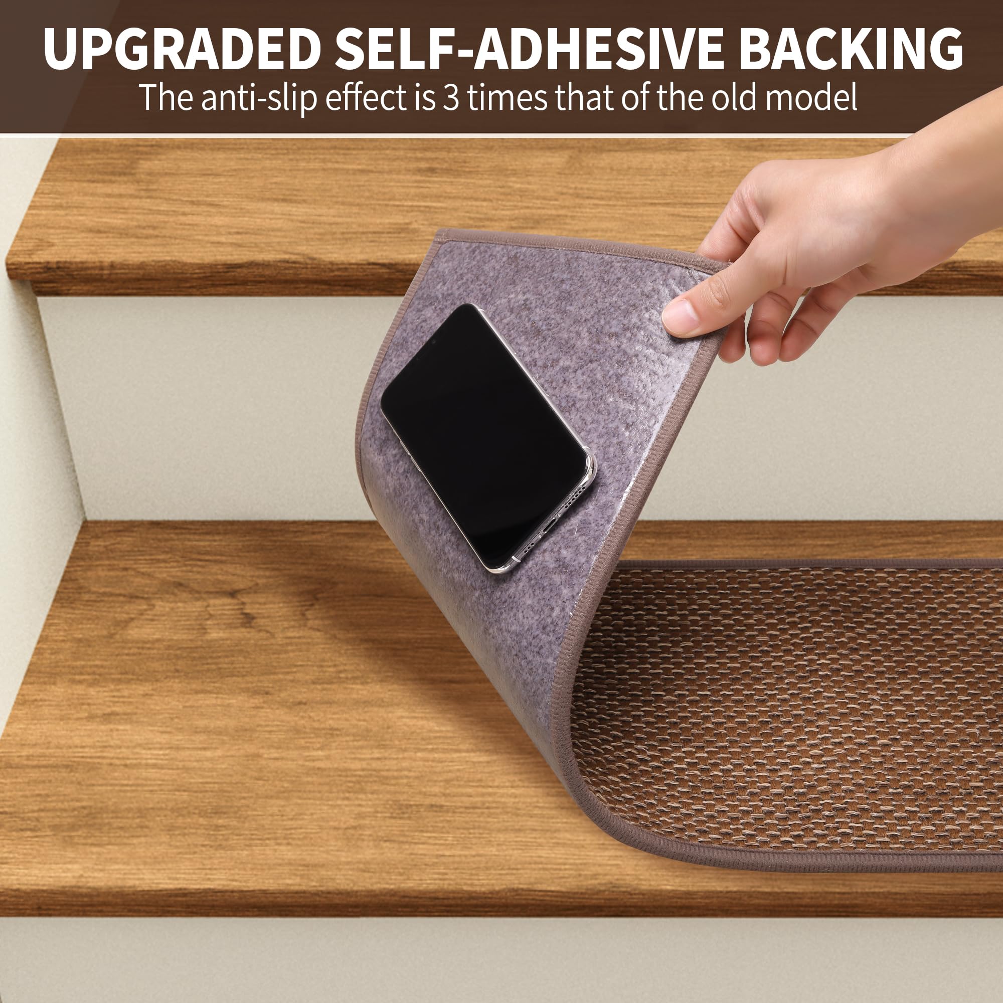 GROWLING stair treads being installed with peel-and-stick ease on wooden steps.