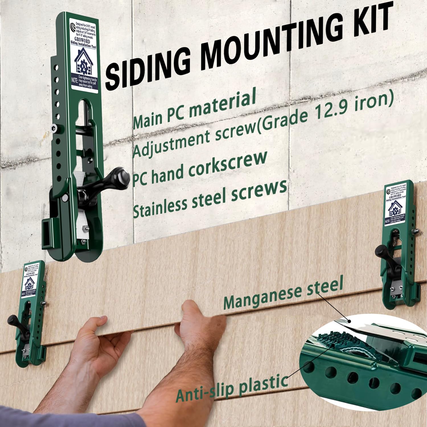 Groword Siding Tool Materials and Build show rigid PC body and steel fasteners.
