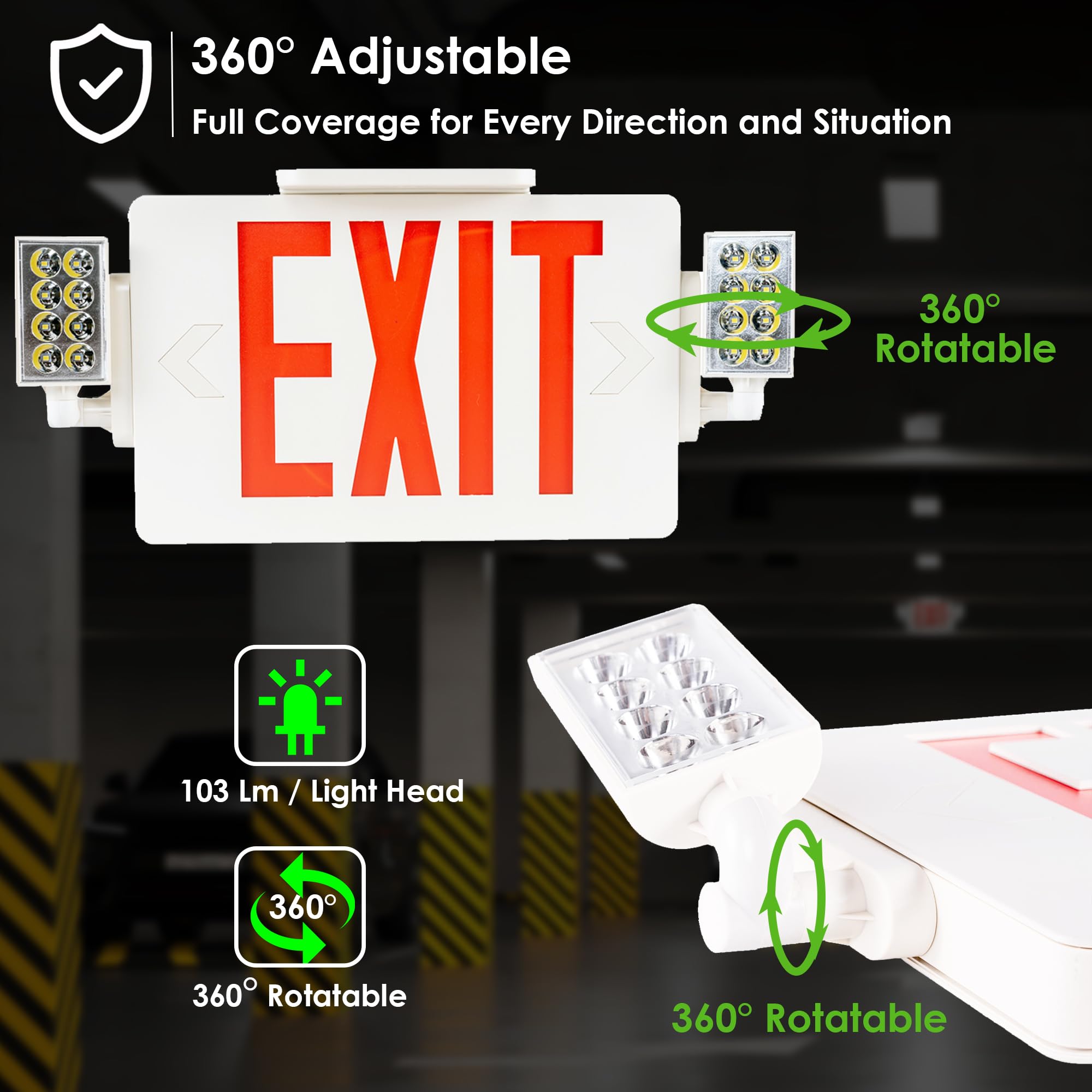 GRUENLICH exit sign supports backside mounting for flexible placement.