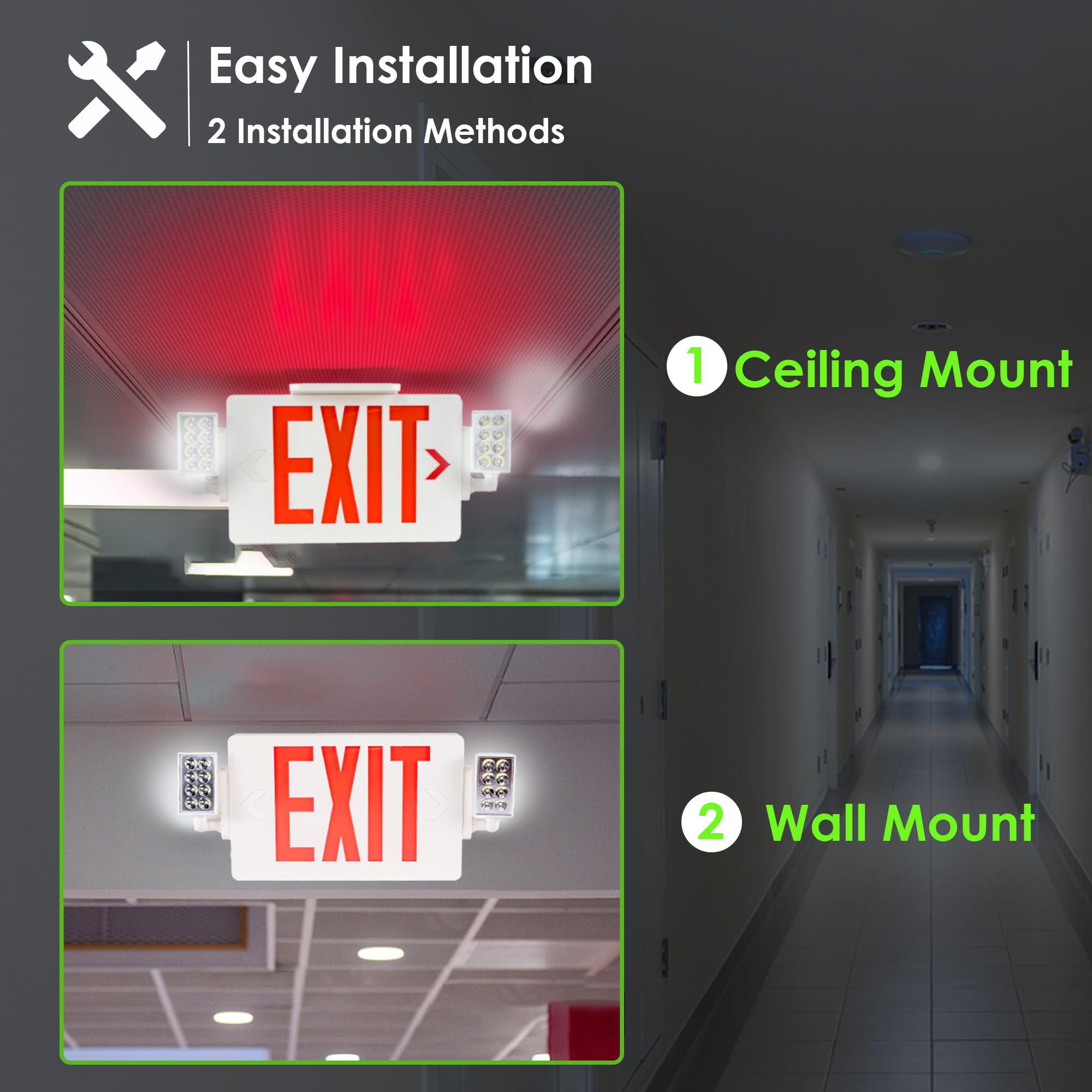 GRUENLICH LED exit sign features ceiling-mount installation options.