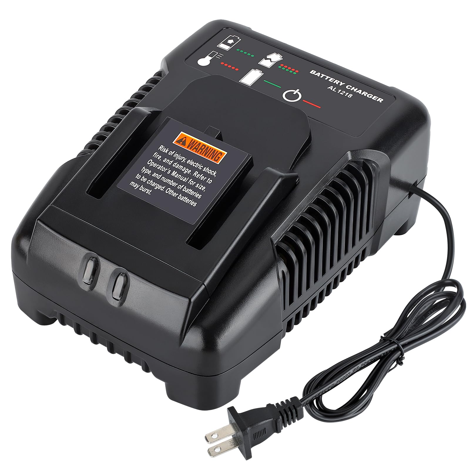 GRVODFRTA 18V charger front view shows compact design for workspace efficiency