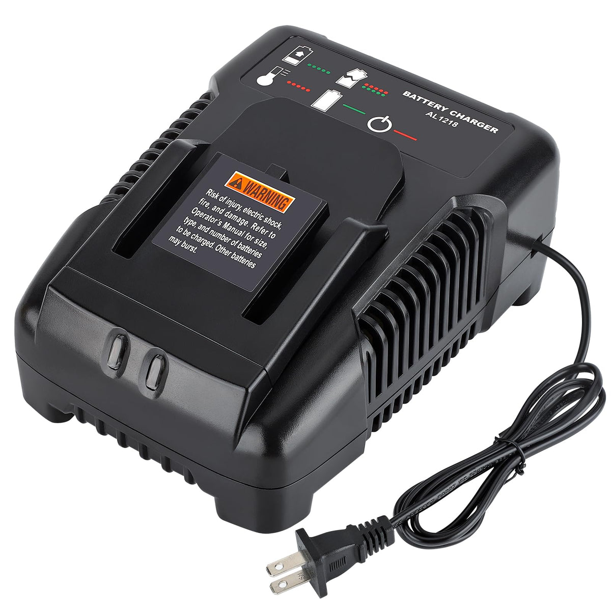GRVODFRTA 18V charger front view shows compact design for workspace efficiency