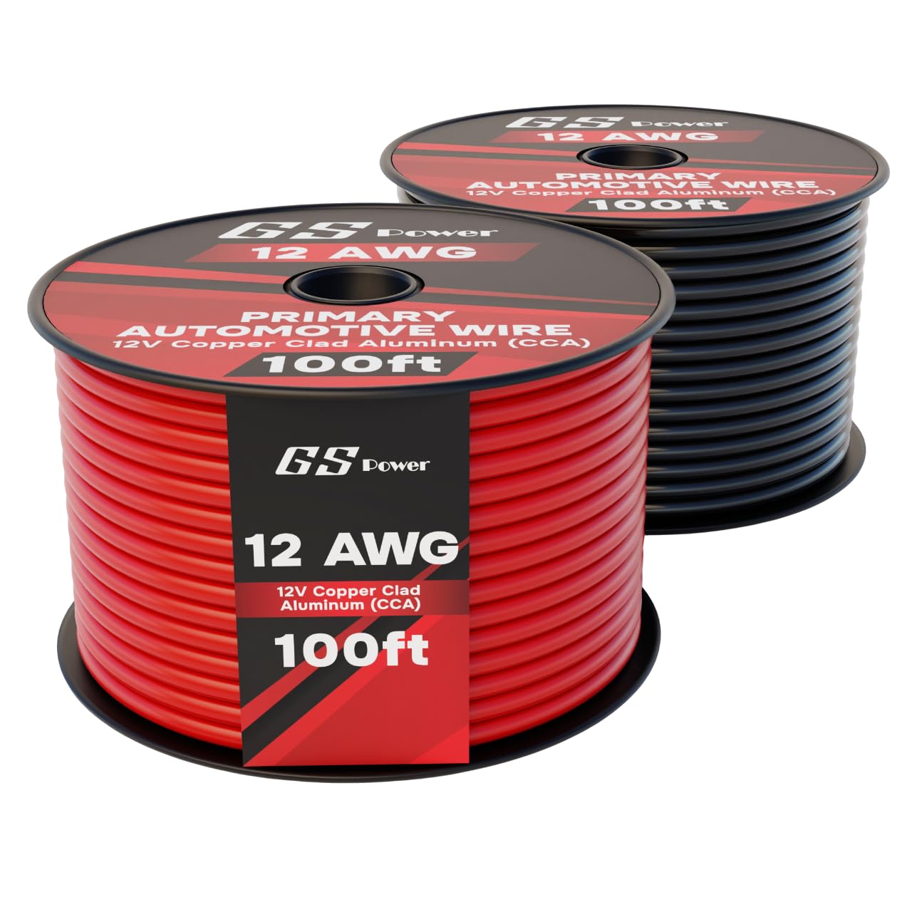 GS Power 12 AWG red spool shows primary automotive wire for car audio wiring projects.