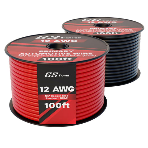 GS Power 12 AWG red spool shows primary automotive wire for car audio wiring projects.