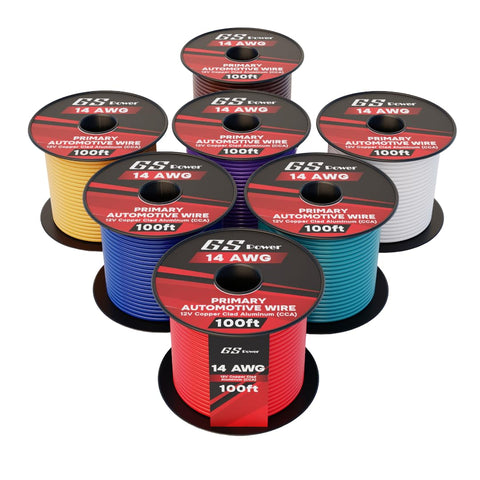 GS Power 14AWG red spool wire for auto audio wiring and color coding.