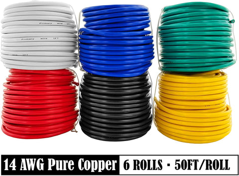 GS Power 14AWG OFC wire roll blue for home theater and LED projects.