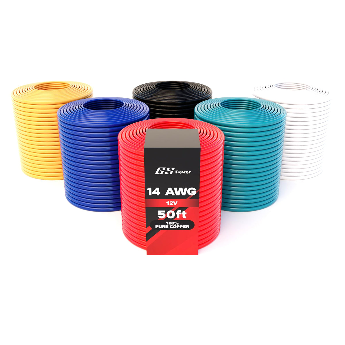 GS Power 14AWG OFC wire roll red for automotive audio wiring with color coding.