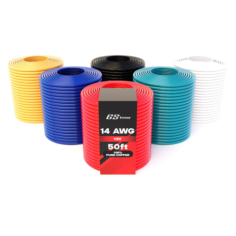 GS Power 14AWG OFC wire roll red for automotive audio wiring with color coding.