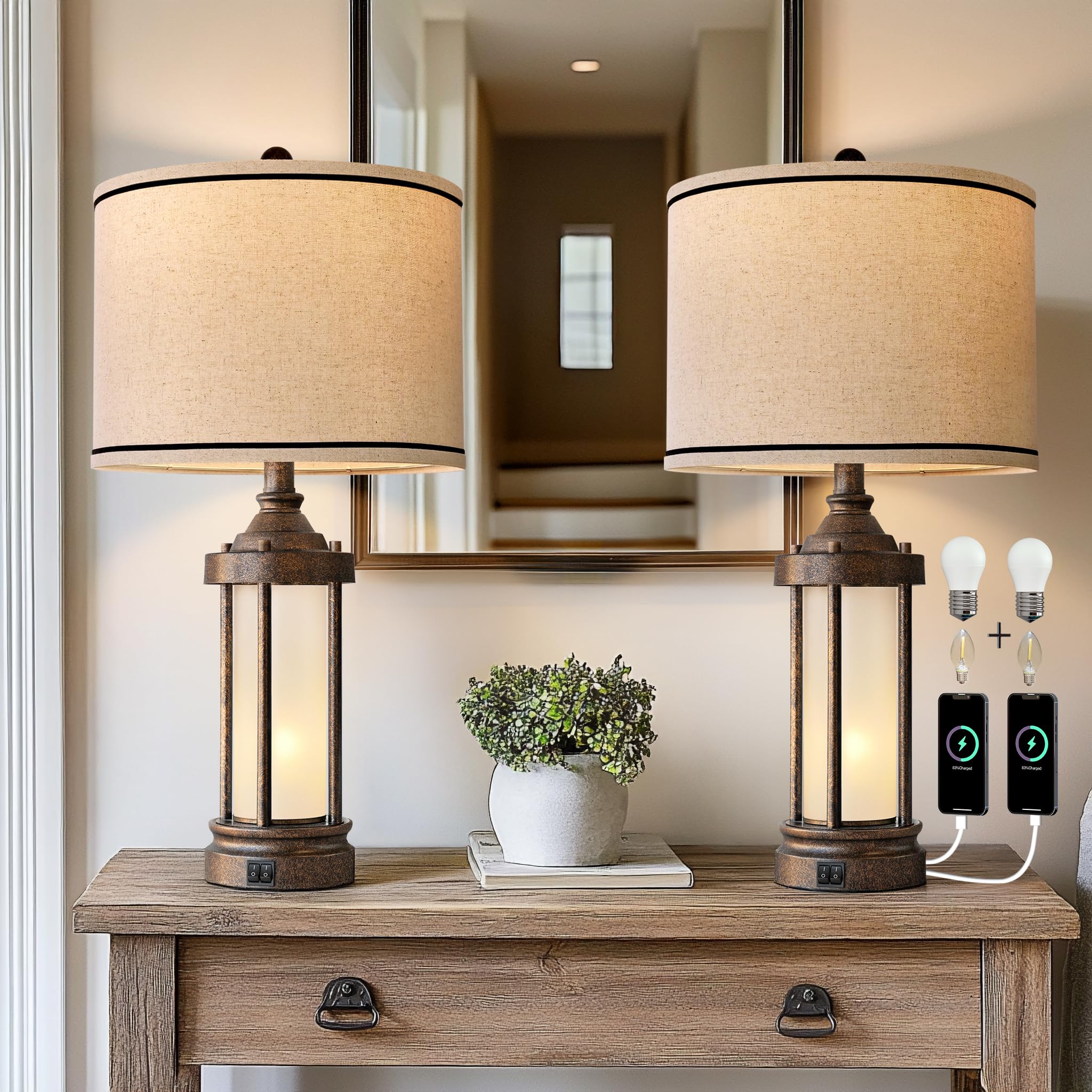 G-SAFAVA 25 inch table lamps with bronze finish and dual USB ports for bedside charging