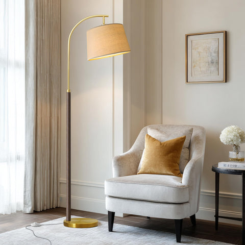 G-SAFAVA arc floor lamp in walnut wood with linen shade creates cozy living room lighting