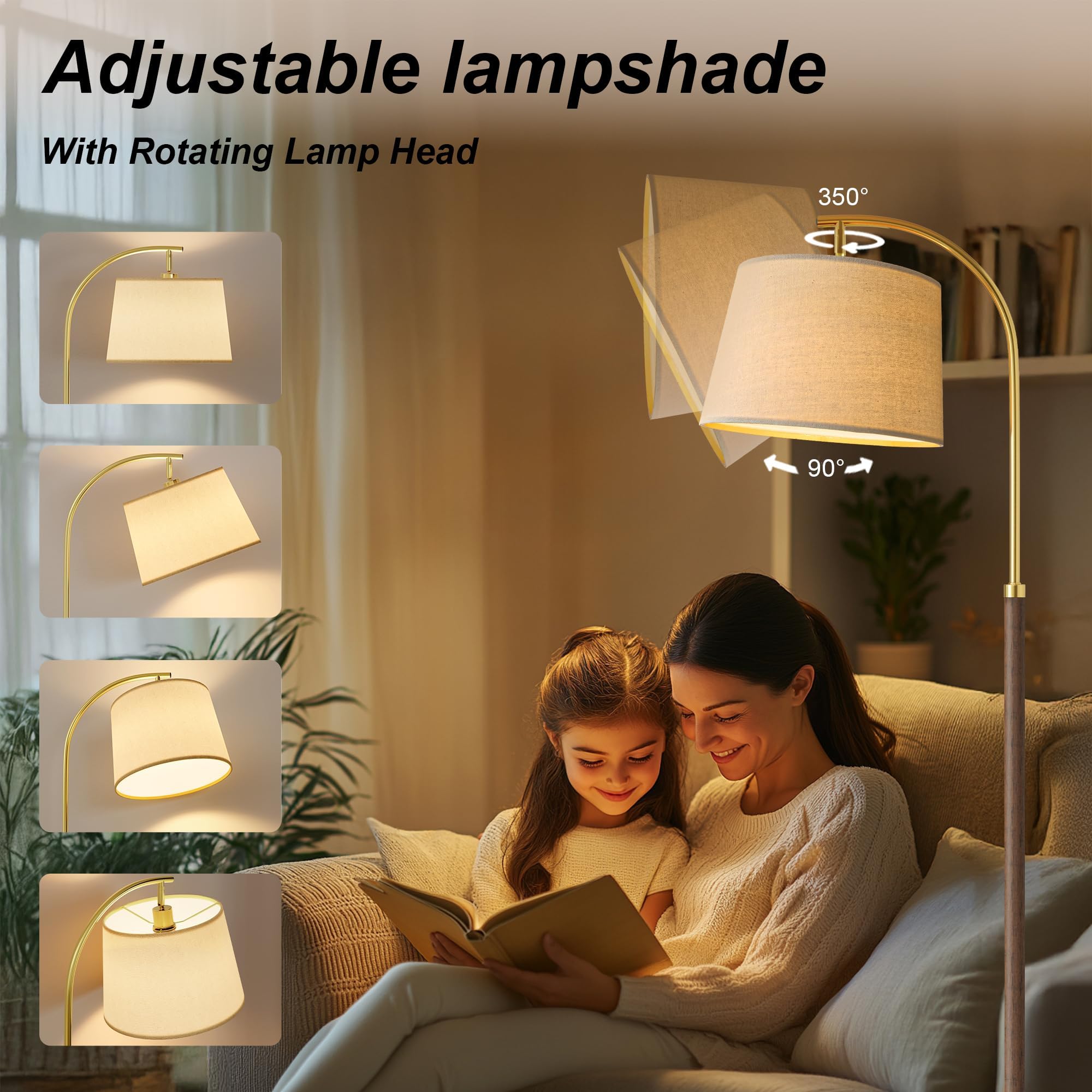 G-SAFAVA chestnut wood floor lamp with adjustable arc shade for precise lighting