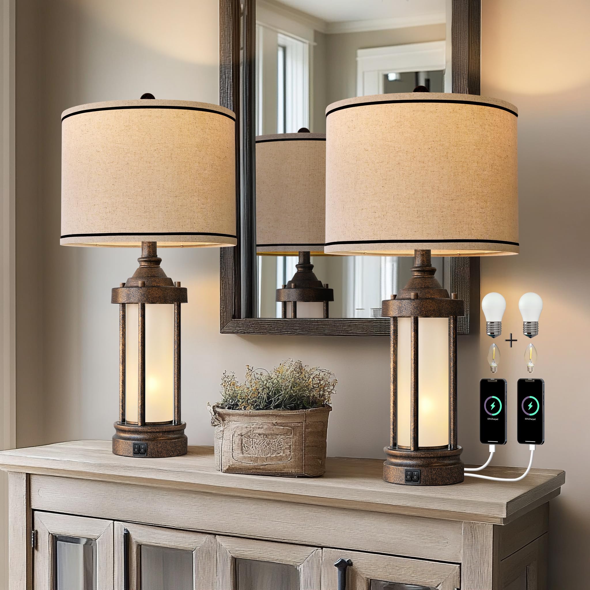 Industrial farmhouse lamps by G-SAFAVA with linen shade for warm ambiance