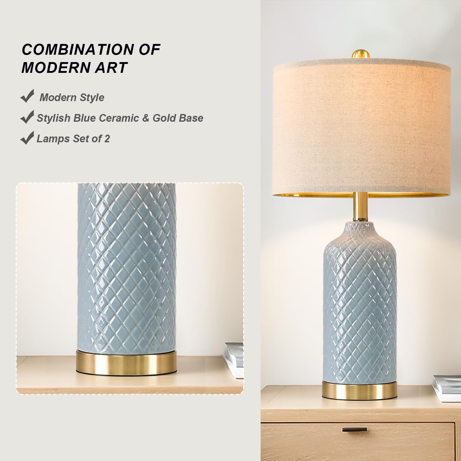 G-SAFAVA blue ceramic table lamp base detail highlights contemporary décor.
