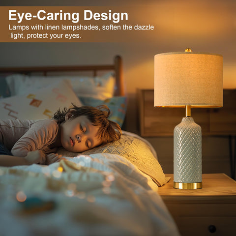 G-SAFAVA blue ceramic table lamp shade close-up shows warm glow.