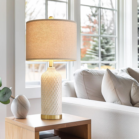 G-SAFAVA linen white shade diffuses light for comfortable evenings.