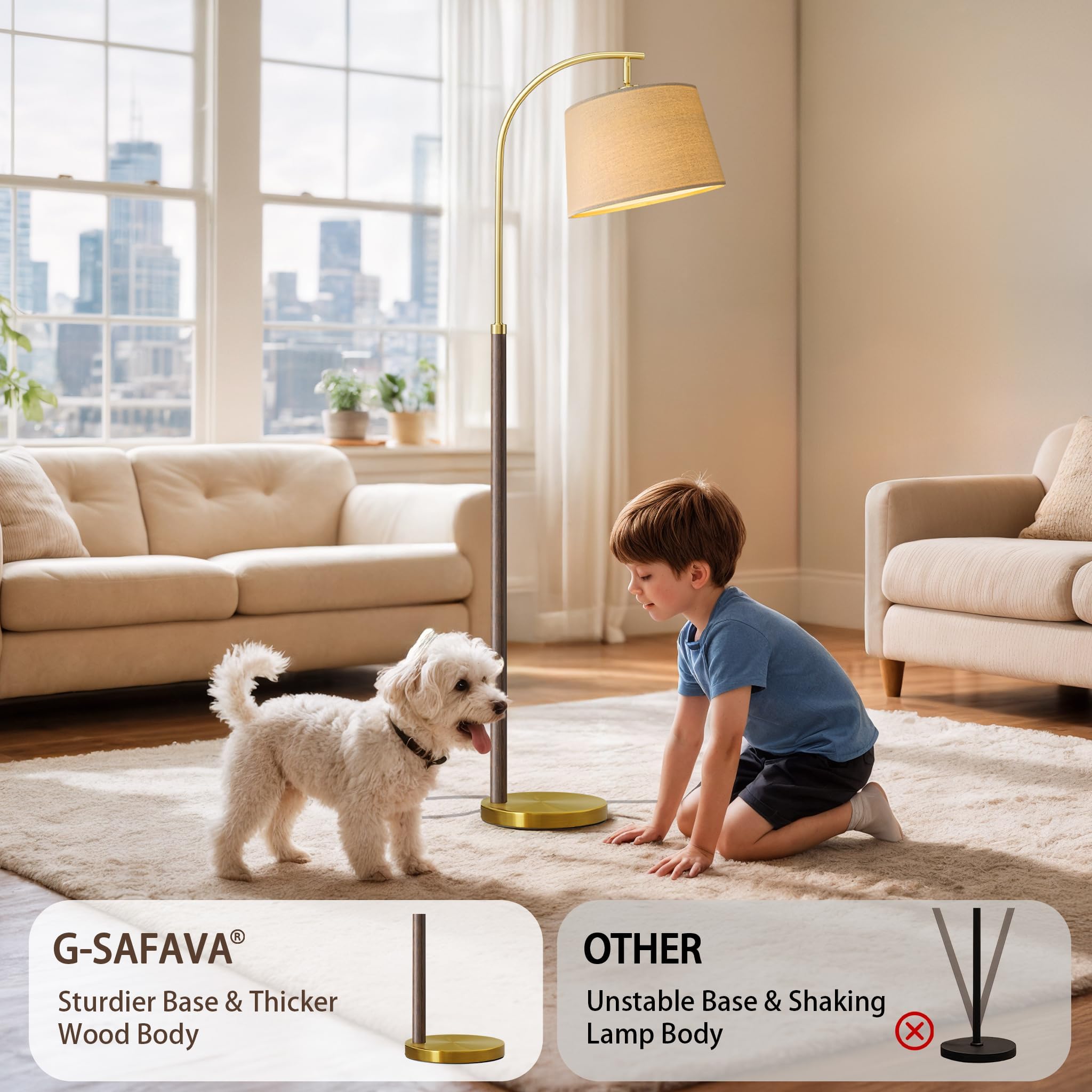 G-SAFAVA walnut brown floor lamp enhances bedroom decor with soft ambient light