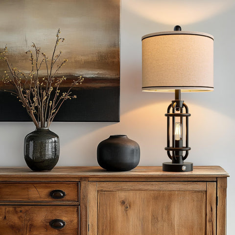 G-SAFAVA linen-shade lamp adds warm, glare-free ambiance to any room.
