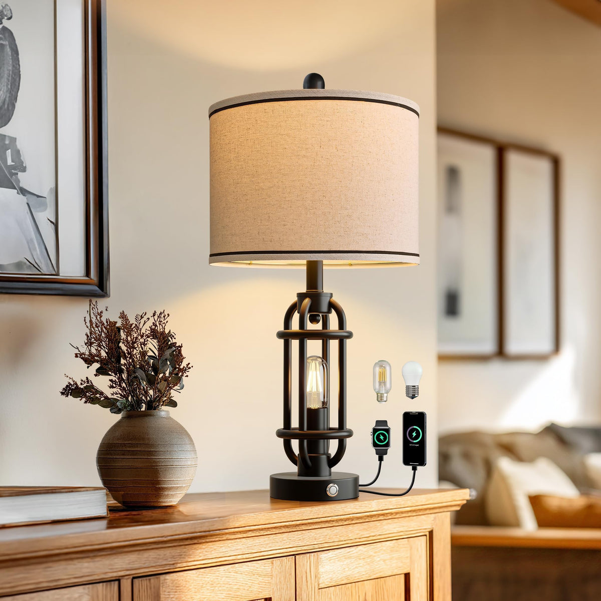 G-SAFAVA 24-inch table lamp with metal base provides sturdy bedside lighting.