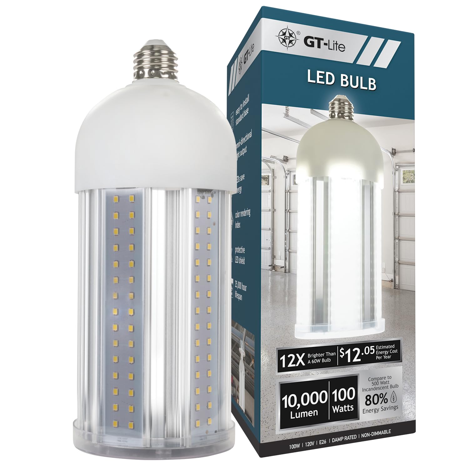 GT-Lite LED corn cob bulb in use, delivering bright daylight for garage work.
