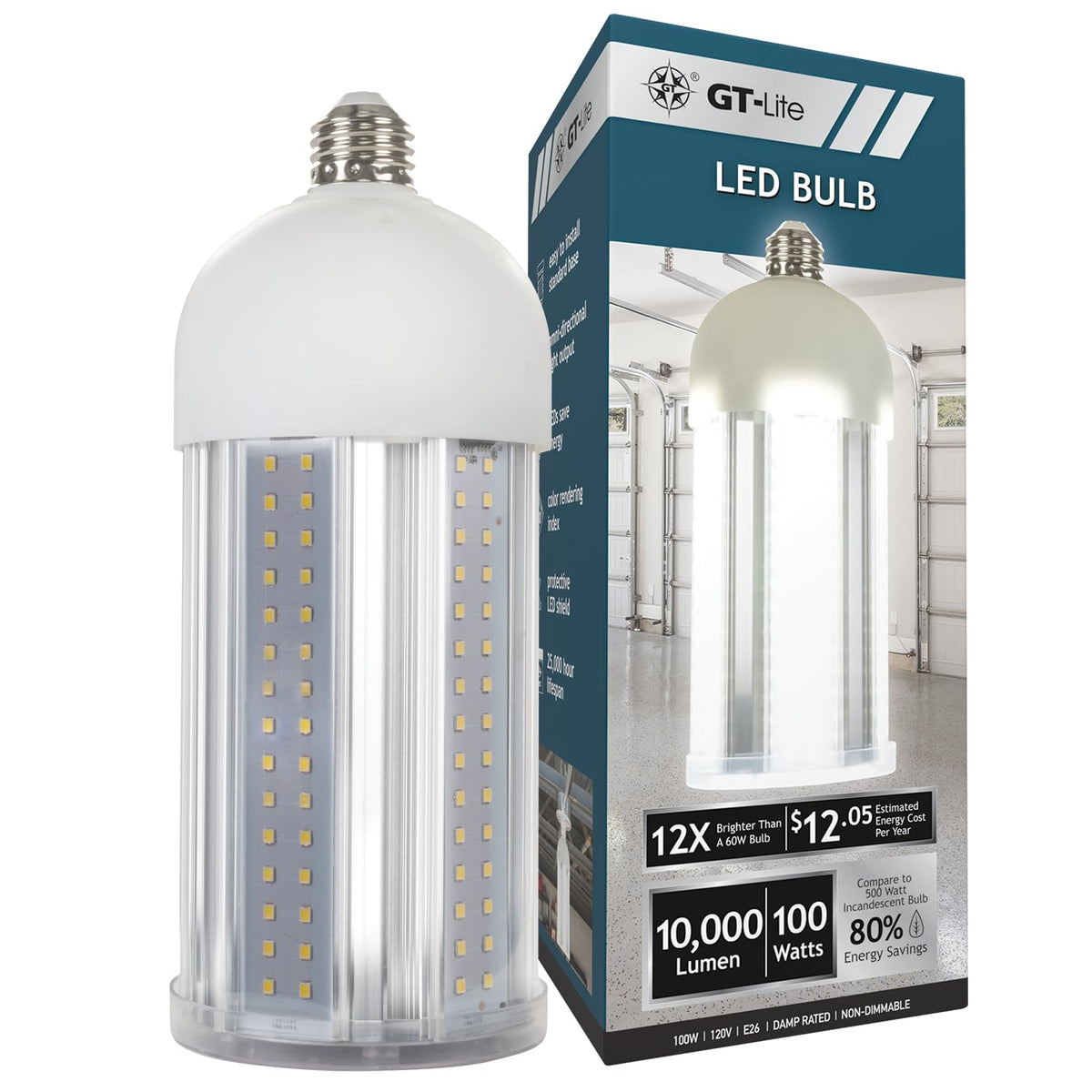 GT-Lite LED corn cob bulb in use, delivering bright daylight for garage work.