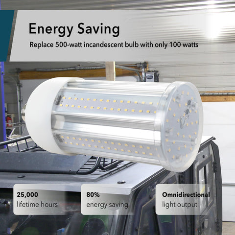 GT-Lite corn cob bulb brightens workshop corners evenly.