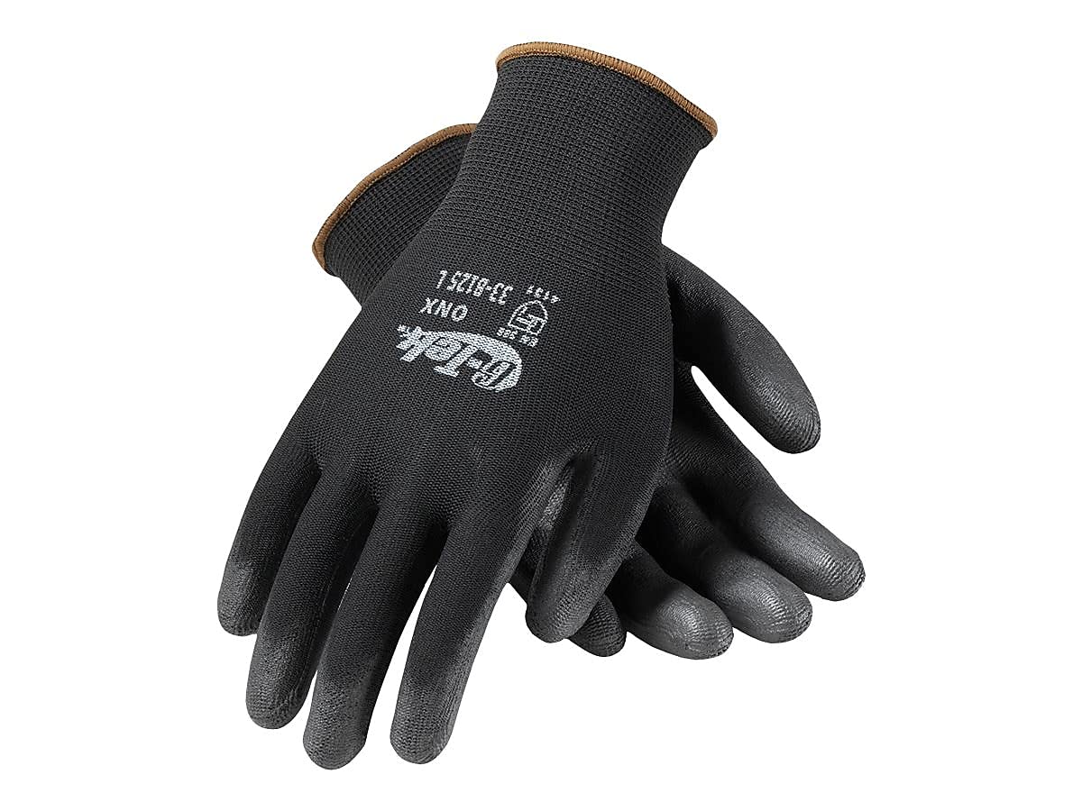 G-Tek ONX seamless nylon gloves with PU palm for abrasion resistance in electronics assembly
