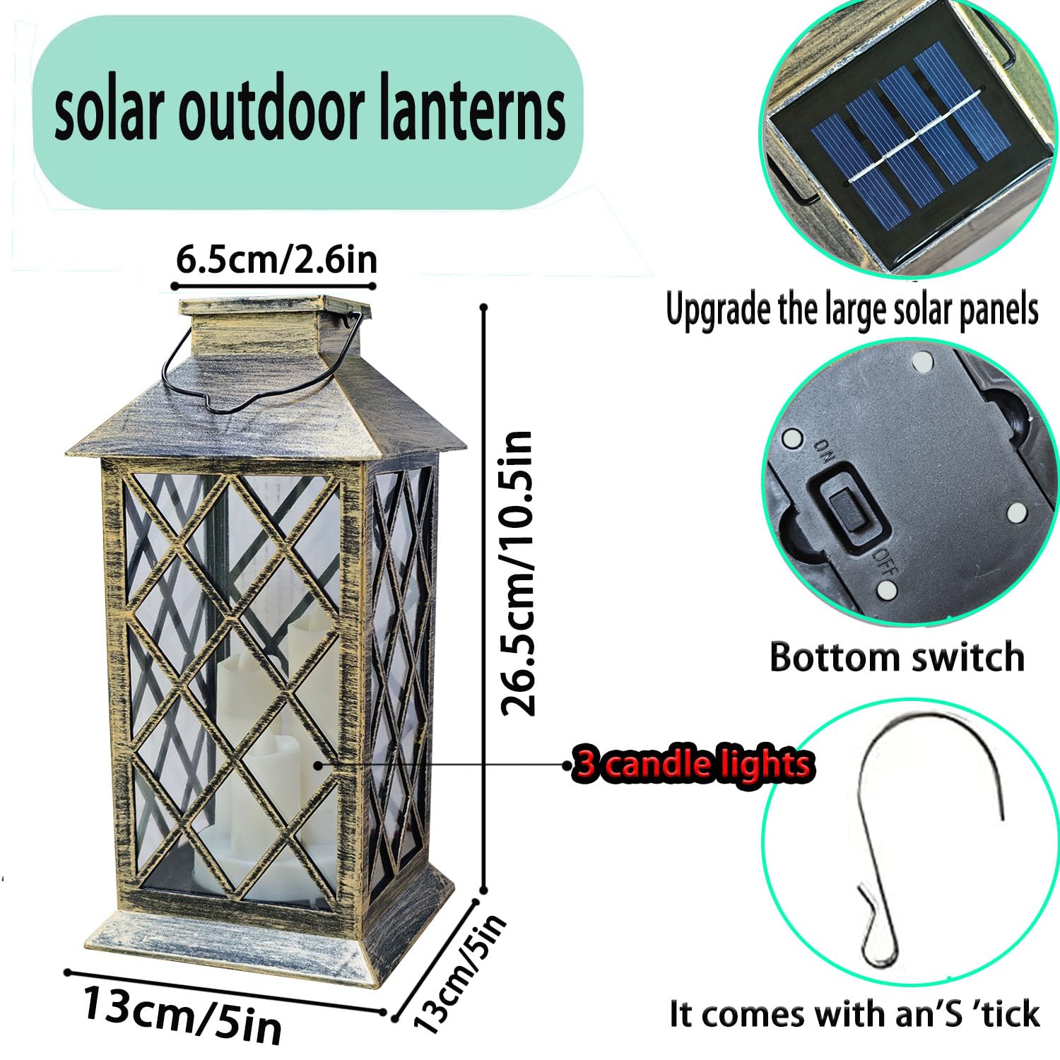 GUANFU lantern features an S-hook for easy tabletop or hanging display.