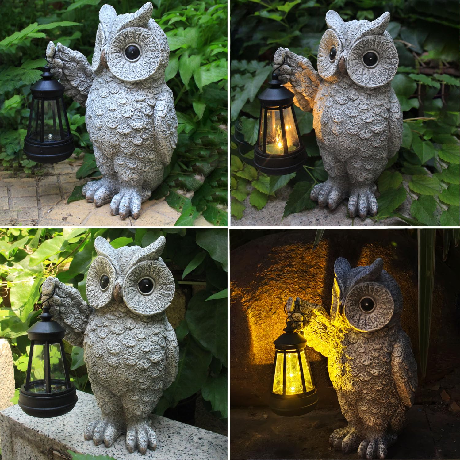 Guanfu owl lantern statue for porch decor and year-round garden charm.