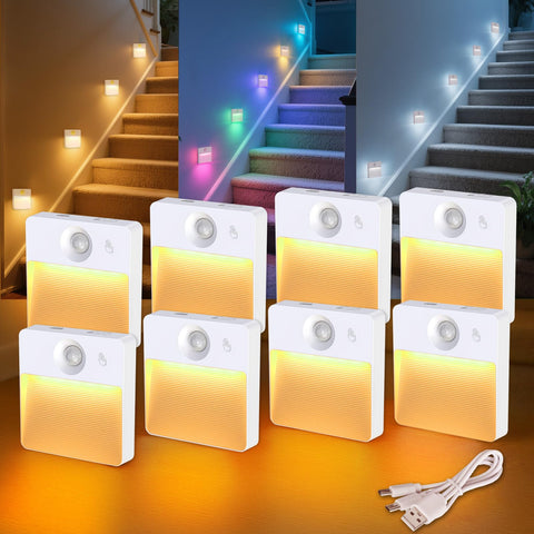Guankai 8-pack rechargeable motion sensor stair light pack for safe night navigation.