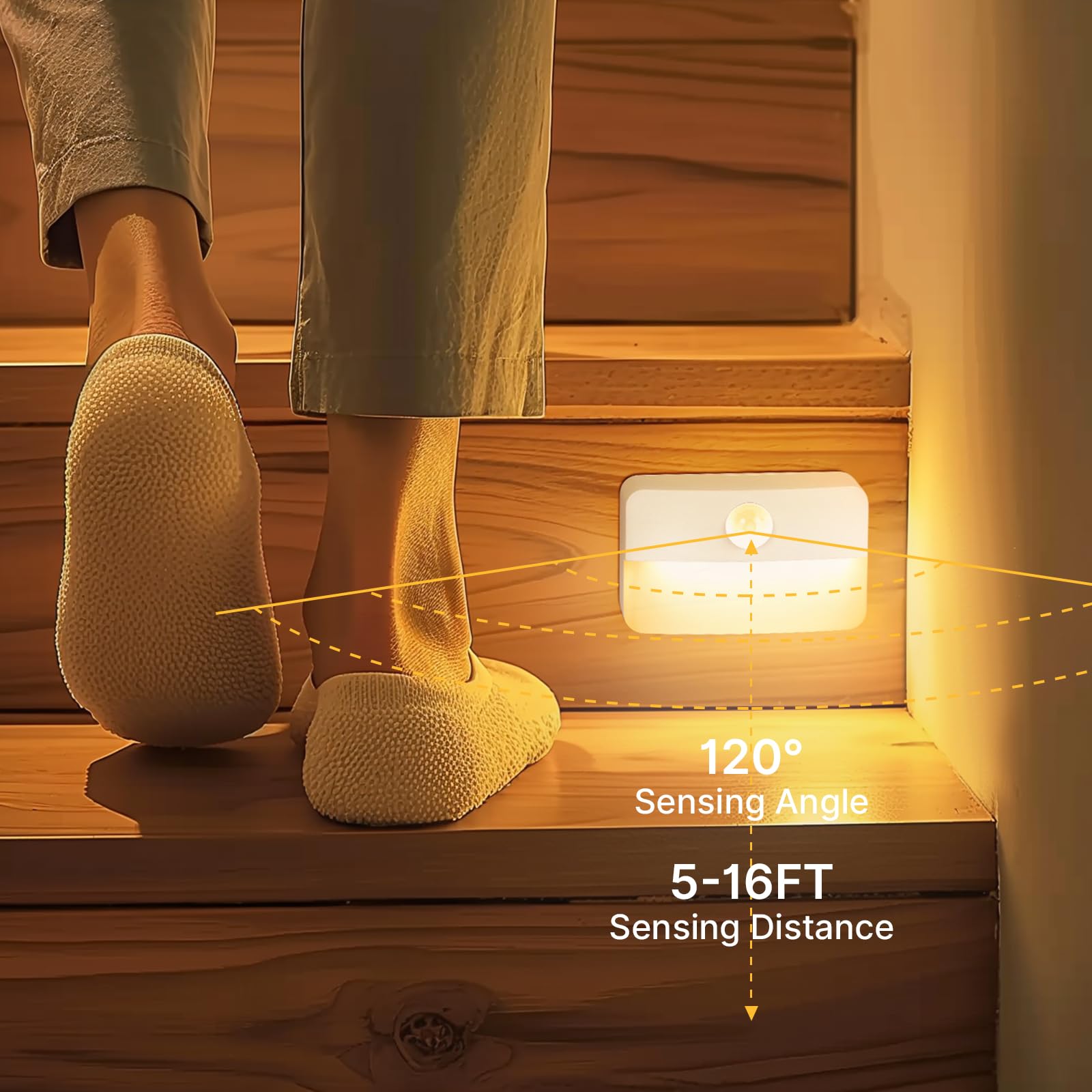 Guankai battery-operated LED night light illuminating a dark hallway softly