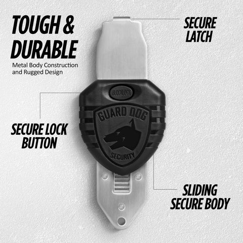 Guard Dog Security Blocklock durable-steel closeup underscores sturdy construction against force.